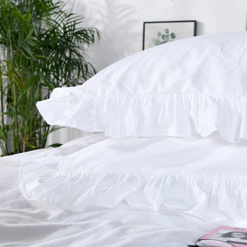 QSH White Ruffle California King Duvet Cover, Washed Cotton Farmhouse Shabby Boho Chic Bedding Comforter Quilt Cover Oversized Vintage Rustic French Country Aesthetic Bedding 3 Pieces - Image 3